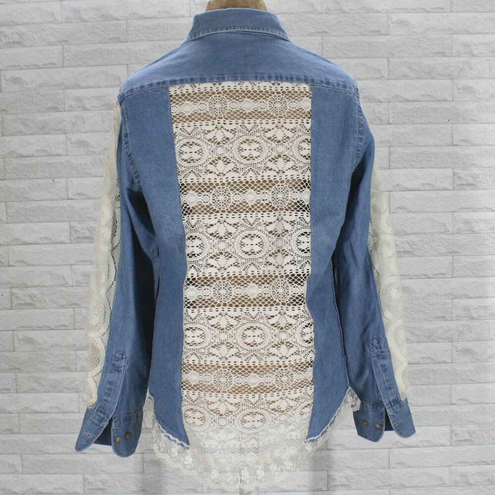HAND CRAFTED Shirt Denim Upcycled Oversized Lace Insert Sheer Floral Blue Jean M
